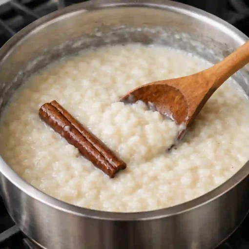arroz con leche cremoso estilo tradicional en olla con canela