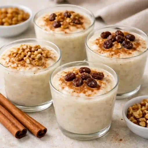 arroz con leche tradicional cremoso servido en vasitos con canela