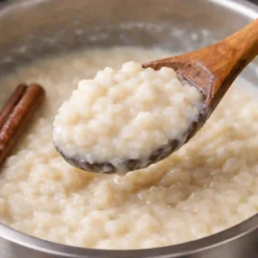 arroz con leche cremoso con textura visible en cuchara