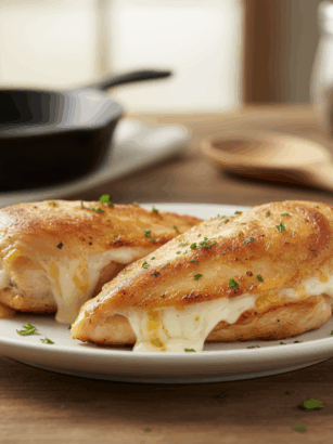 Pechugas de pollo rellenas de queso al sartén recién hechas.