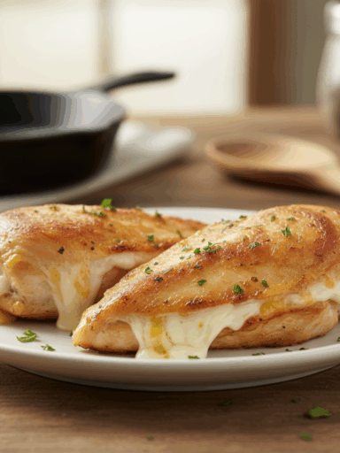 Pechugas de pollo rellenas de queso al sartén recién hechas.