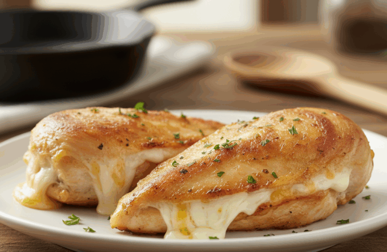 Pechugas de pollo rellenas de queso al sartén recién hechas.