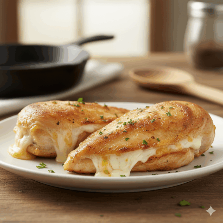 Pechugas de pollo rellenas de queso al sartén recién hechas.