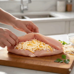Pechuga de pollo abierta y rellena de queso antes de cocinar.