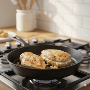 Pechugas de pollo rellenas cocinándose en un sartén.