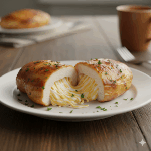 Pechuga de pollo rellena de queso servida en plato casero.