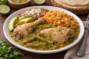 pollo en salsa verde con nopales servido con arroz y frijoles
