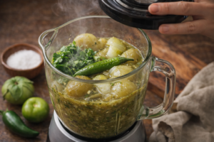 preparación de salsa verde en licuadora con tomatillos y chile serrano