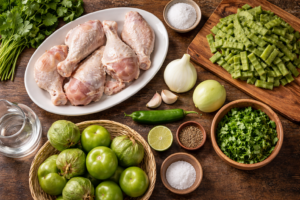ingredientes frescos para preparar pollo en salsa verde con nopales