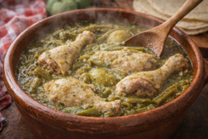 pollo en salsa verde con nopales cocinándose en cazuela mexicana