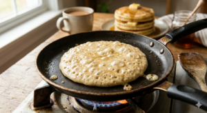 mezcla de hotcakes cocinándose en sartén con burbujas