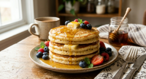 desayuno con hotcakes esponjosos fruta y miel