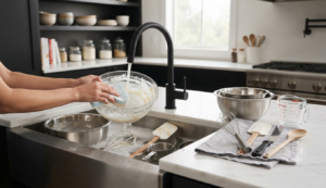 Limpieza de recipientes de repostería después de hacer pastel de tres leches